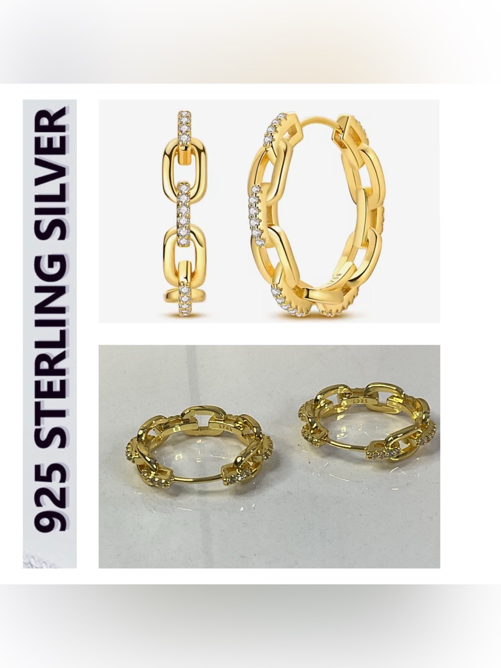 🌟🌟 18K Gold Plated Chain-Link Hoop Earrings with Pavé CZ Stones